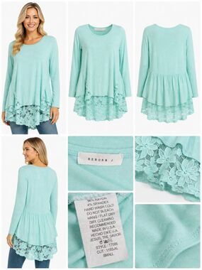 Reborn J Small Mint Lace Hem Tunic Top Long Sleeve